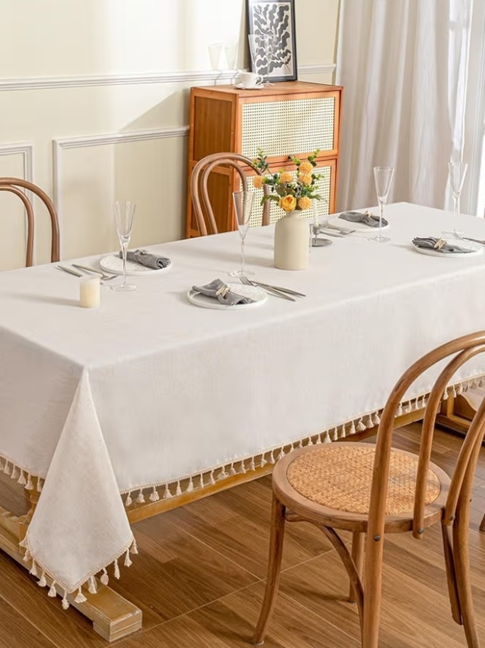 Linen Look Washable Tablecloth With Tassels 102x60 Rectangular - Picture 2 of 6